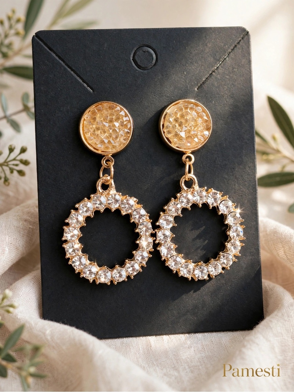 Gold Crystal Hoop Drop Earrings - Champagne/Clear